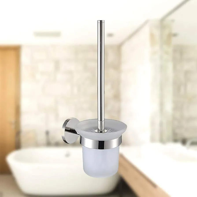 Toilet Brush and Holder Set Wall Mounted Stainless Steel Handle Glass Holder for Bathroom.