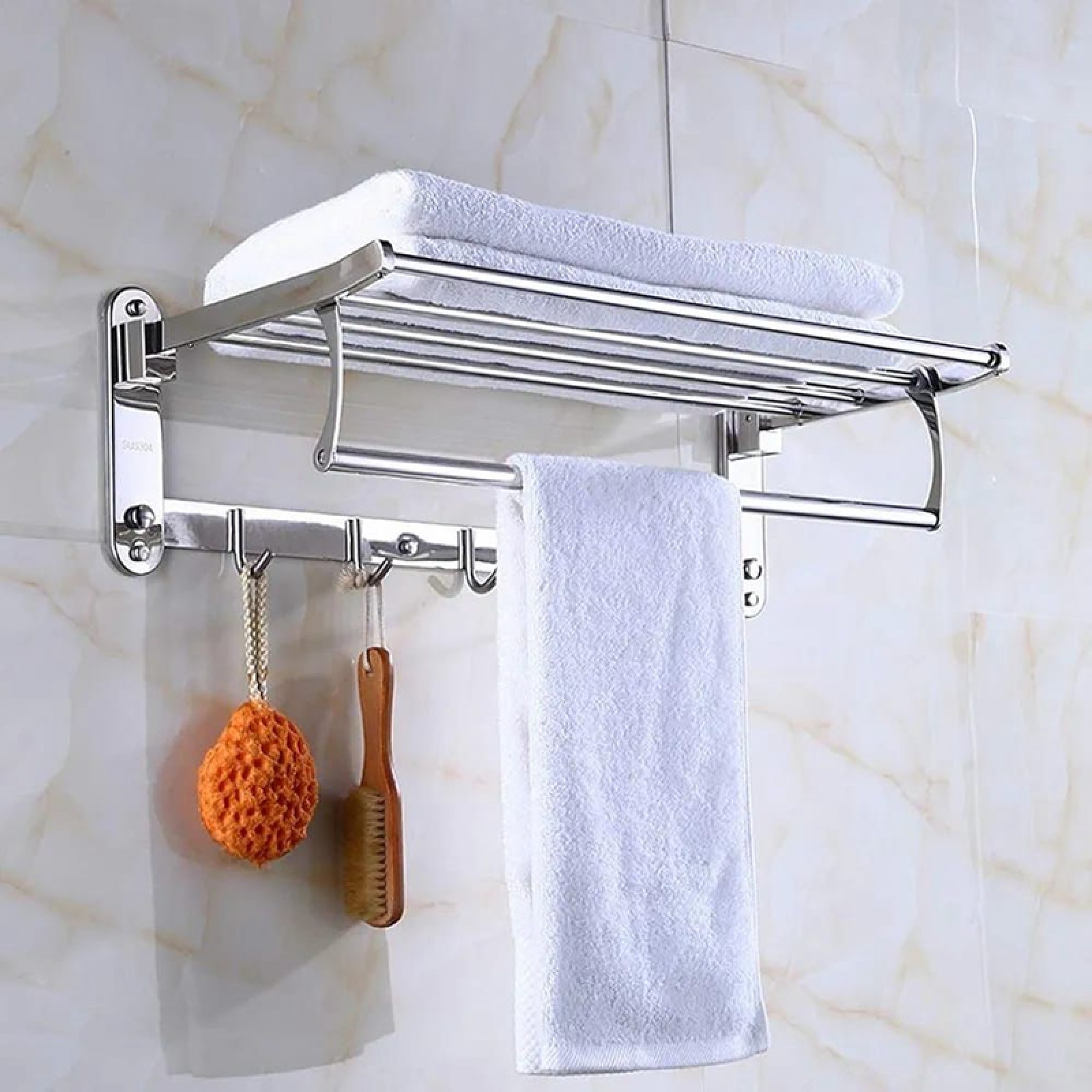 4080cm Stainless Steel Bathroom Towel Rack Shelf with Foldable Double