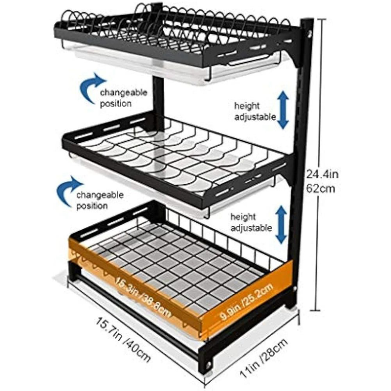 Black Stainless Steel Dish Drying Organizer, Fruit and Vegetable Storage Basket with Drainer and 3 Hanging Hooks, Utensil Organizer for Storing Plates, Bowls. Black Stainless Steel Dish Drying Organizer, Fruit and Vegetable Storage Basket with Drainer and 3 Hanging Hooks, Utensil Organizer for Storing Plates, Bowls.