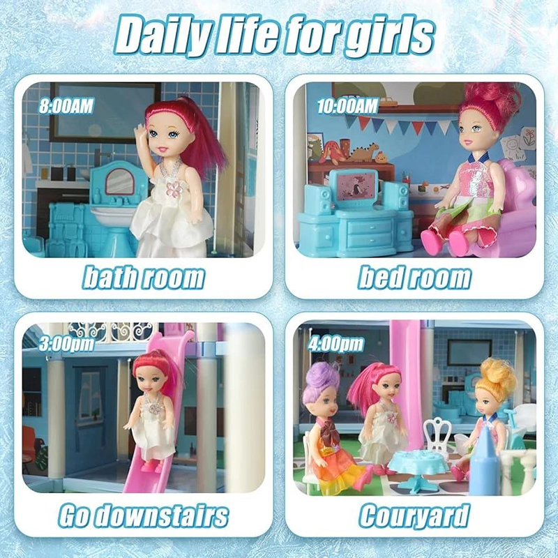 Dollhouse for 3 4 5 6 7 8 Years Old 4 Doll House LED Light Princess Dream House Play Mat with 4 Furniture for Dolls and Dolls DIY Dollhouse. Dollhouse for 3 4 5 6 7 8 Years Old 4 Doll House LED Light Princess Dream House Play Mat with 4 Furniture for Dolls and Dolls DIY Dollhouse.