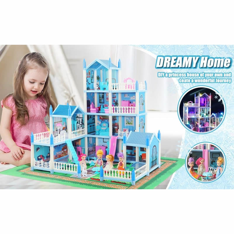 Dollhouse for 3 4 5 6 7 8 Years Old 4 Doll House LED Light Princess Dream House Play Mat with 4 Furniture for Dolls and Dolls DIY Dollhouse.