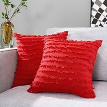 Boho Decorative Throw Pillow Covers with Ruffles Cotton Linen Cushion Covers for Living Room Sofa Couch Bedroom, Pack of 2 (Red, 18X18)